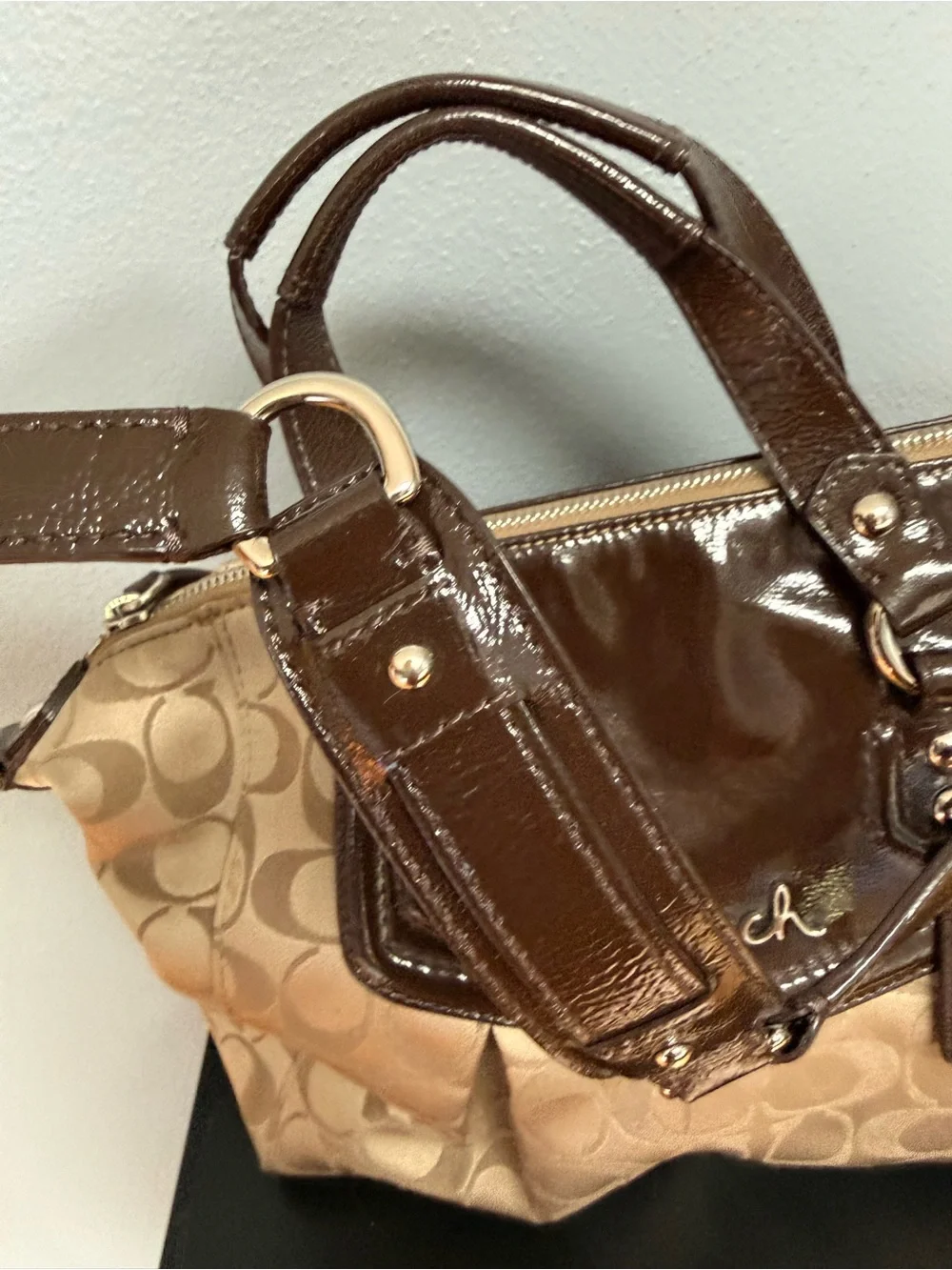 Coach Two-Tone Signature Satchel in Brown and Tan